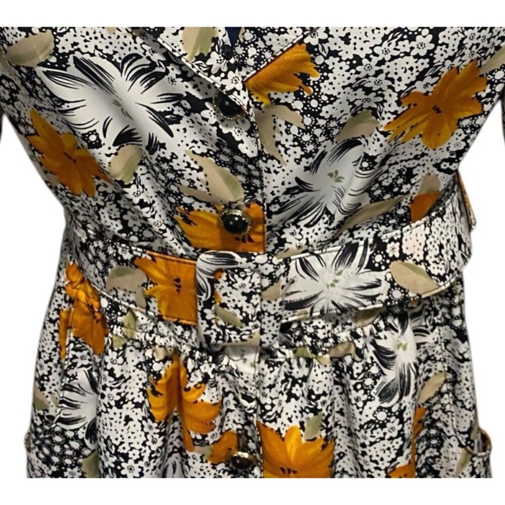 JAS Vintage Dress 2X Floral Midi Short Sleeves Collar Belted Pocket Black Yellow - Picture 11 of 15